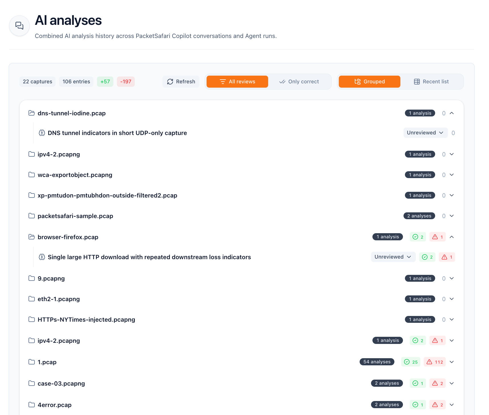 AI analyses history in PacketSafari