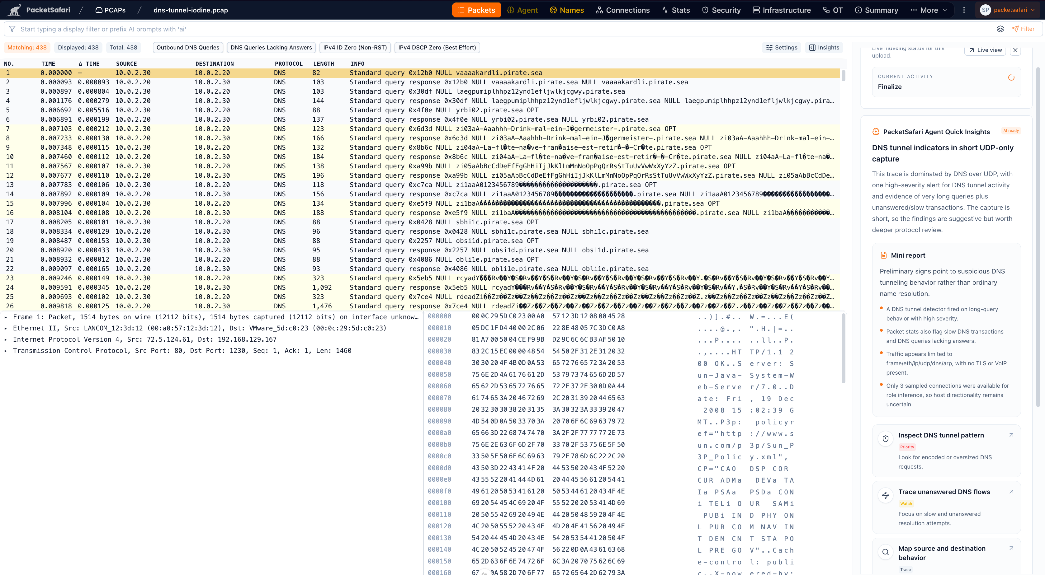 PacketSafari packet view with packet rows, protocol decoding, and packet-specific Agent guidance