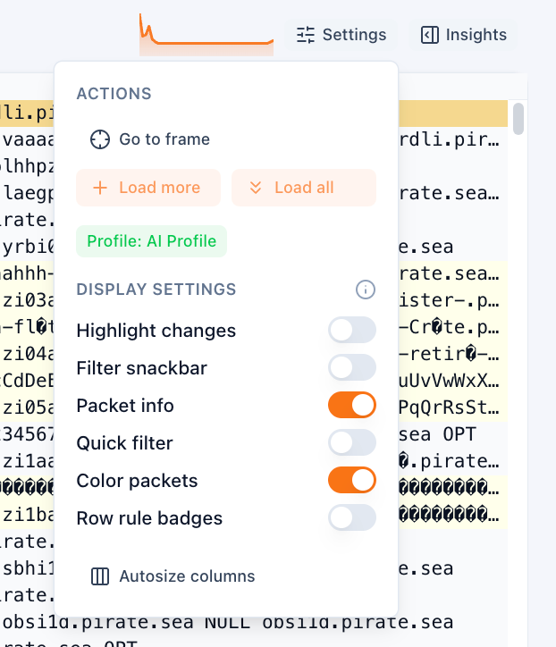 Packet list display settings